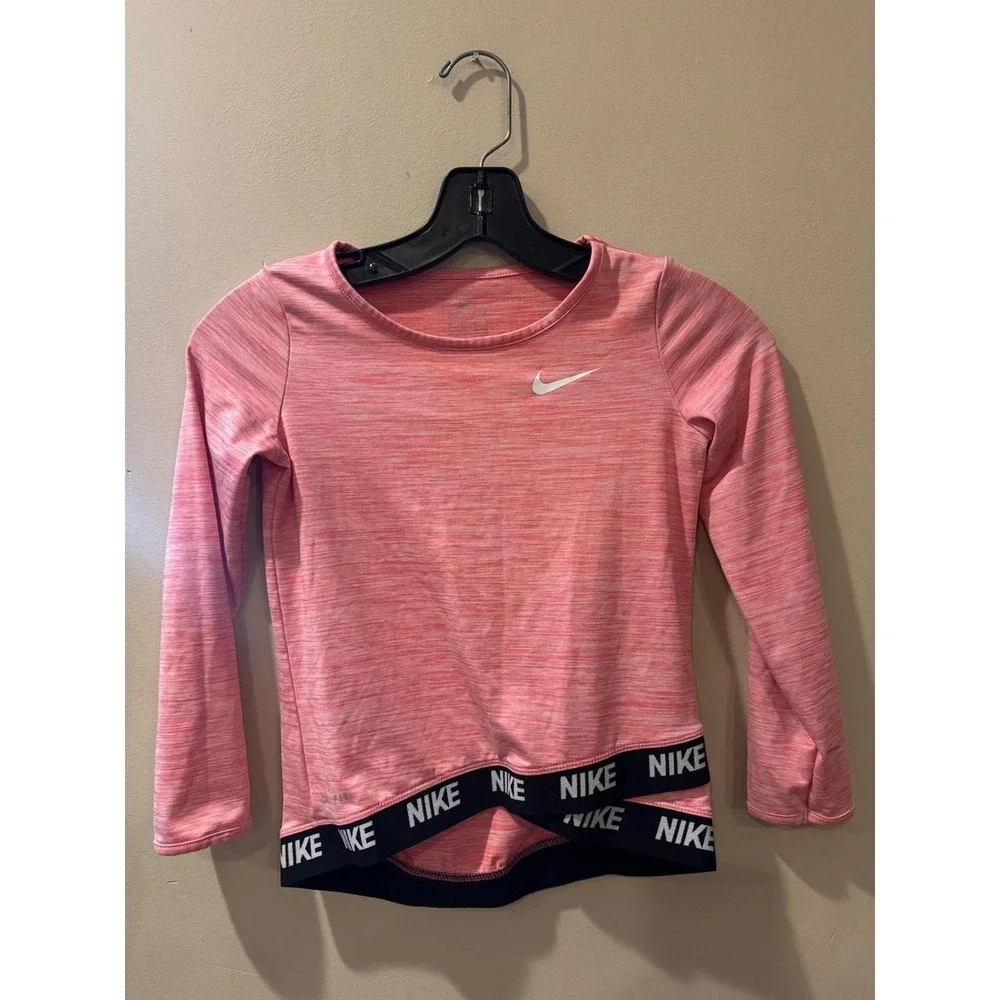 Nike Dri-FIT Girls Pink Heather Long Sleeve Training Top Crossover Hem Size 6X